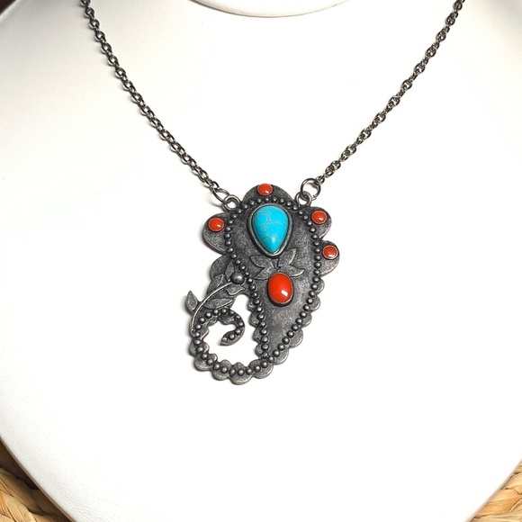 Southwestern Peacock Feather Turquoise Howlite and Red Cabochon Pendant Necklace - Picture 1 of 10